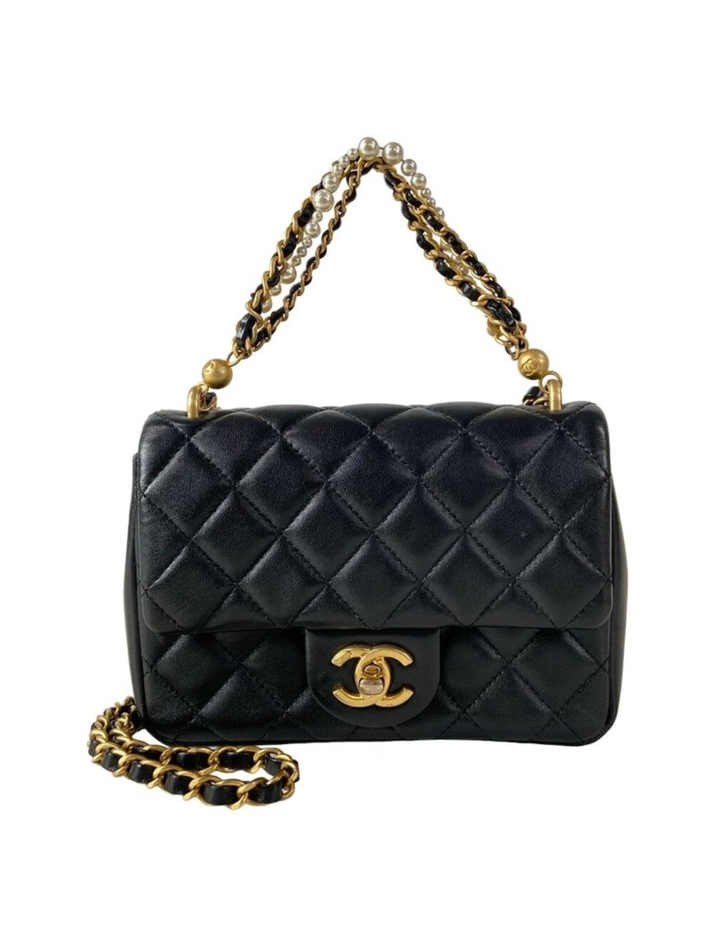 Chanel Shoulder Bag Mini Quilted Black Chain Gold Pearl 2-Way